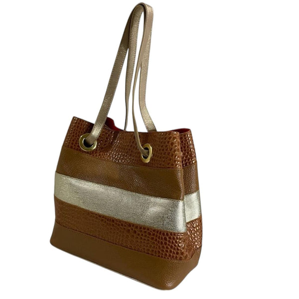 Bolso tipo tote/saco con franjas marrones y plateadas/doradas Byjennga.