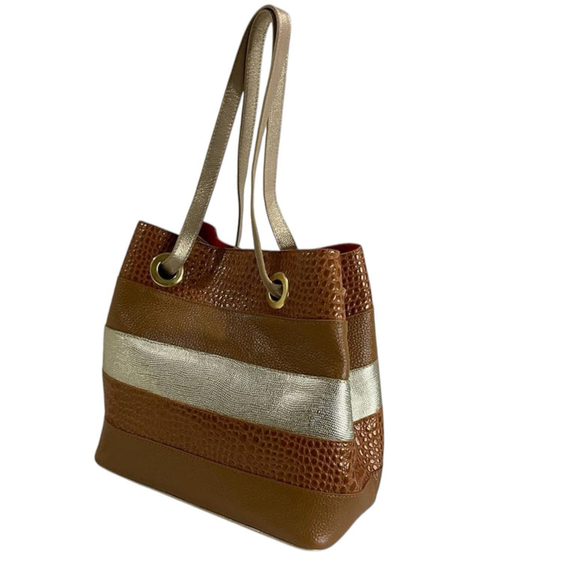 Bolso tipo tote/saco con franjas marrones y plateadas/doradas Byjennga.