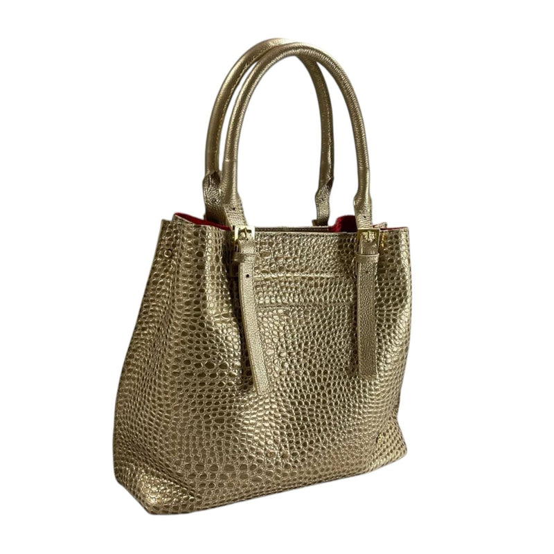 Bolso de mano dorado/bronce de cuero legítimo con textura de cocodrilo Byjennga.