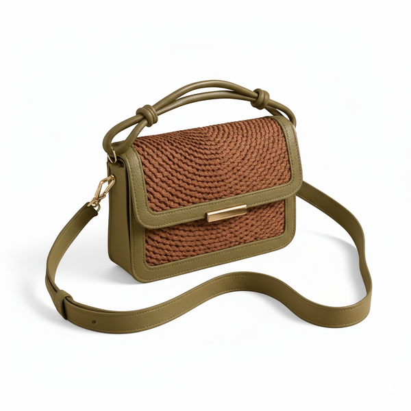 Bolso Satchel Toscana – Cuero Legítimo Verde Oliva con Tejido Artesanal Marrón | ByJennga