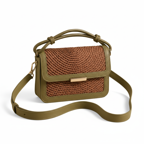 Bolso Satchel Toscana – Cuero Legítimo Verde Oliva con Tejido Artesanal Marrón | ByJennga