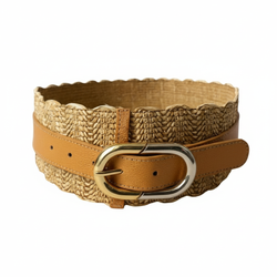 Cinturón Capri Natural – Fibra Trenzada de Rafia con Hebilla Dorada y Correa en Cuero Camel | ByJennga