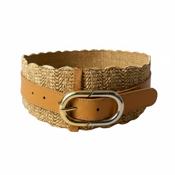 Cinturón Capri Natural – Fibra Trenzada de Rafia con Hebilla Dorada y Correa en Cuero Camel | ByJennga