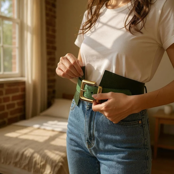 Cinturón Firenze – Cuero Legítimo Verde Esmeralda con Detalle Texturizado y Hebilla Dorada | ByJennga