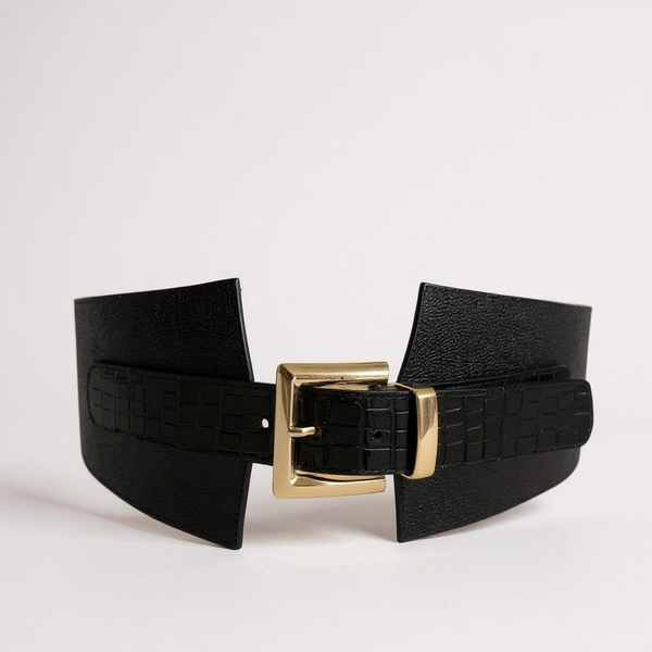 Cinturón Firenze Noir – Cuero Legítimo Negro con Textura Croco y Hebilla Dorada | ByJennga