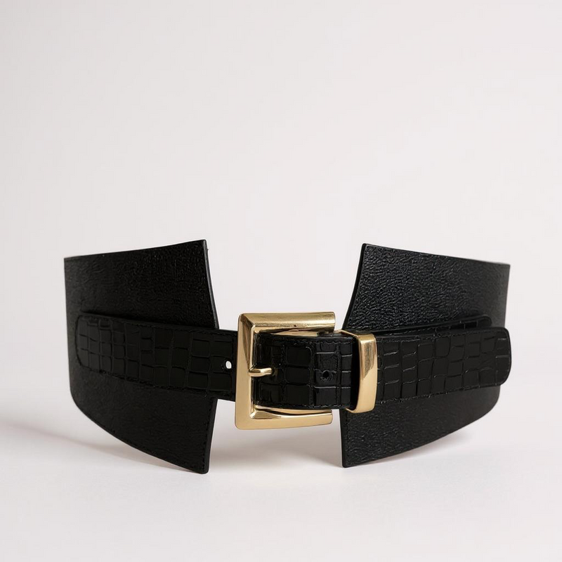 Cinturón Firenze Noir – Cuero Legítimo Negro con Textura Croco y Hebilla Dorada | ByJennga