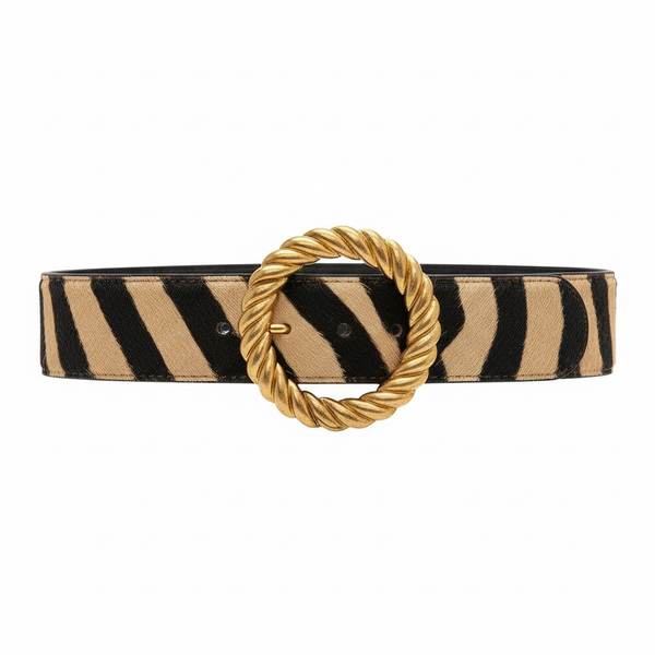 Cinturón Riviera Luxe – Animal Print Estilo Cebra con Hebilla Dorada Trenzada | ByJennga