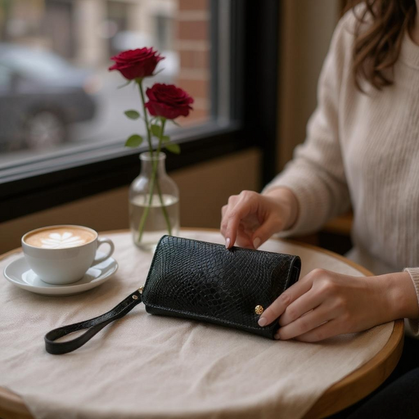 Clutch Amalfi – Cuero Legítimo Negro Texturizado con Correa de Muñeca | ByJennga