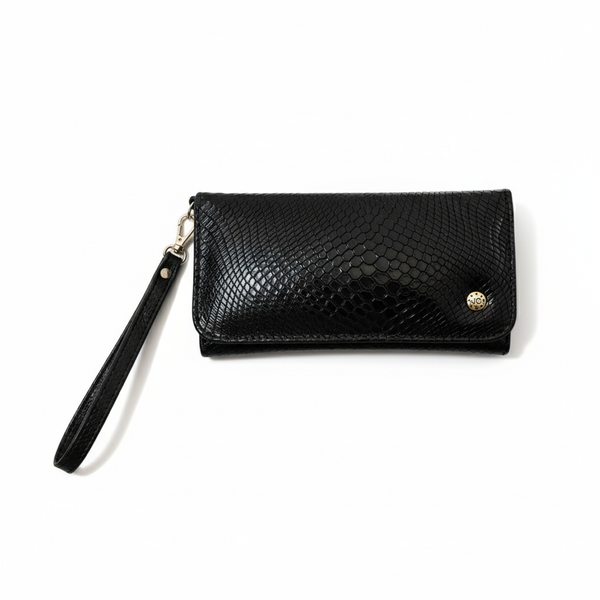 Clutch Amalfi – Cuero Legítimo Negro Texturizado con Correa de Muñeca | ByJennga