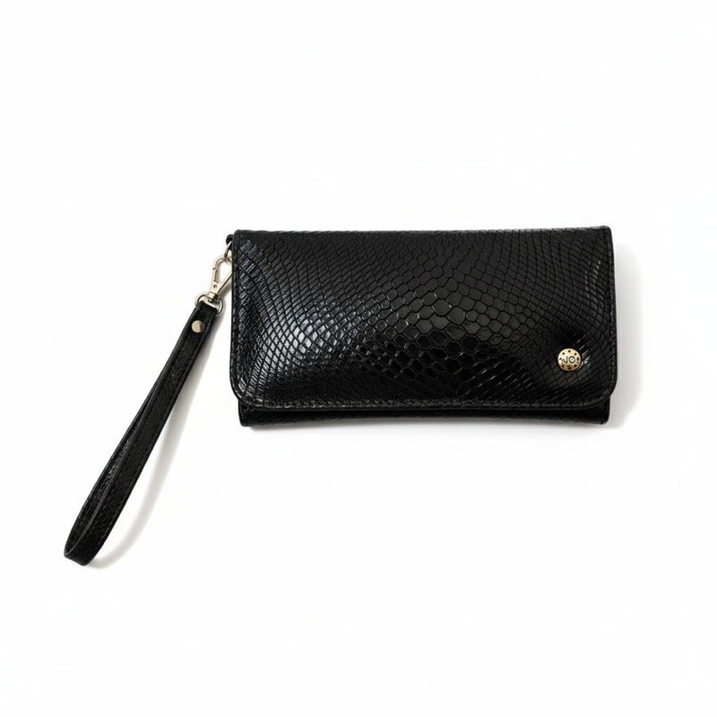 Clutch Amalfi – Cuero Legítimo Negro Texturizado con Correa de Muñeca | ByJennga