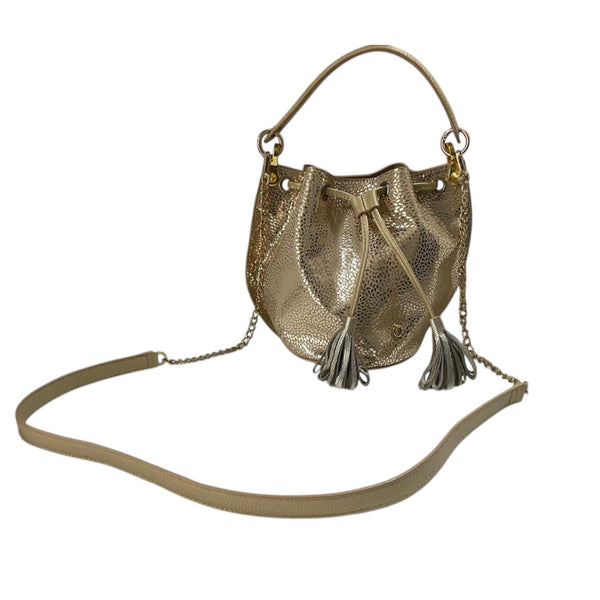 Bolso mini saco dorado de cuero legítimo con borlas Byjennga.
