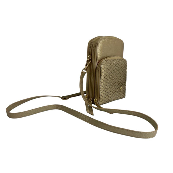 Mini bolso dorado de cuero legítimo con bolsillo frontal texturizado Byjennga.