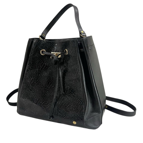 Bolso tipo mochila/saco negro de cuero legítimo con textura de cocodrilo Byjennga.
