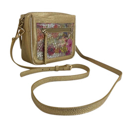Mini bolso dorado de cuero legítimo con bolsillo frontal estampado floral Byjennga.