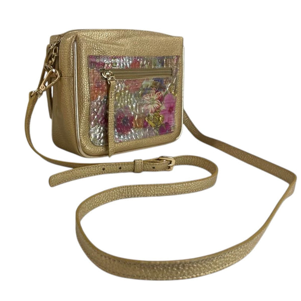 Mini bolso dorado de cuero legítimo con bolsillo frontal estampado floral Byjennga.