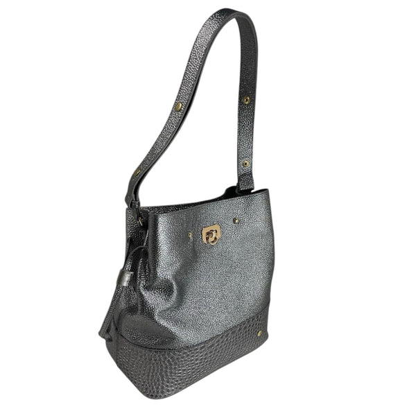 Bolso tipo cubo negro de cuero legítimo con textura Byjennga.
