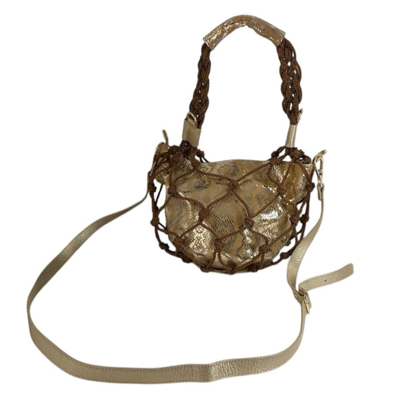 Bolso pequeño dorado de cuero legítimo con malla tejida Byjennga.