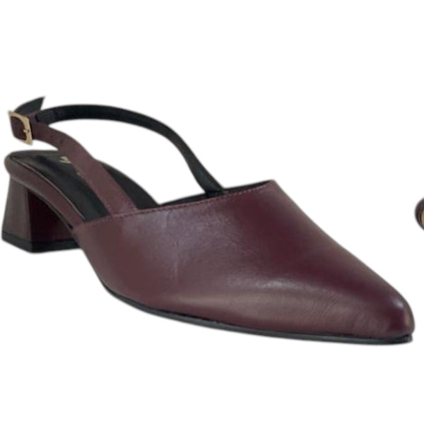 Zapato slingback vino de cuero legítimo con punta fina y tacón bajo Byjennga.