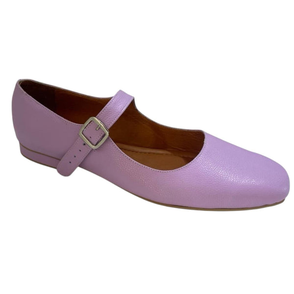 Zapato plano lila en cuero legítimo con correa y hebilla Byjennga.