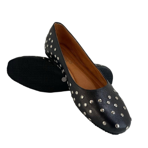 Bailarina negra de cuero genuino con tachuelas plateadas Byjennga.