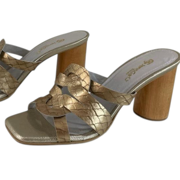 Sandalia mule dorada de cuero legítimo con diseño trenzado y tacón de madera Byjennga.